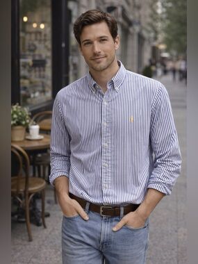 Ralph Lauren Blue White Striped Button Down Shirt Pony Logo Large